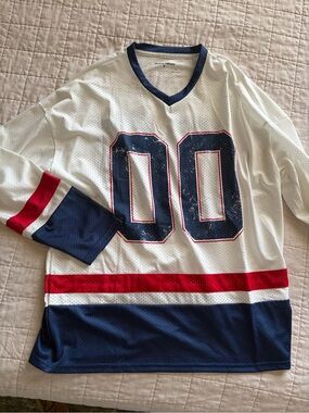 White & Navy Athletic Jersey Top with Red Accents